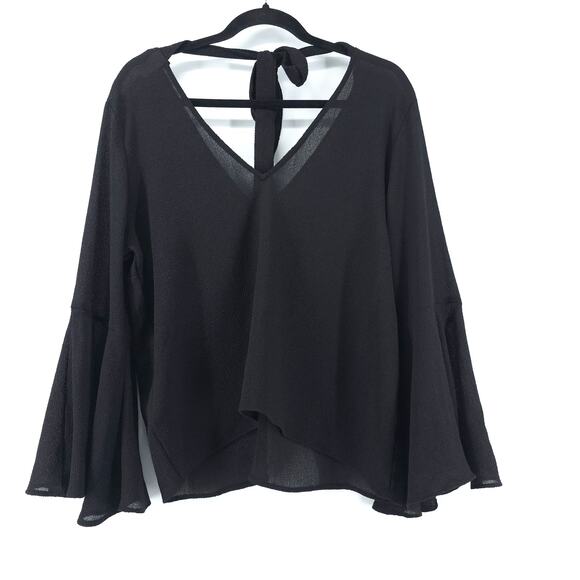 H&M Divided Whimsygoth Black Crepe Back Keyhole Tie Bell Sleeve Flowy Blouse 14 - Picture 9 of 10